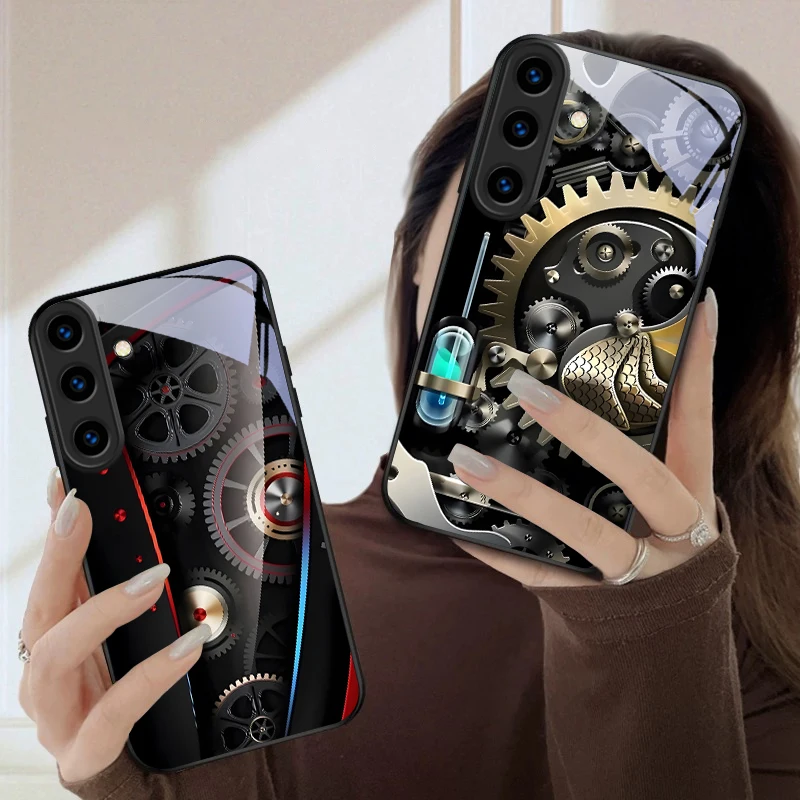 

Fashion Mechanical Gear For Samsung Galaxy S26 Ultra S25 Edge S24 FE S23 Plus S22 S21 S20 S22+ S24+ S25+ Black Glass Phone Case