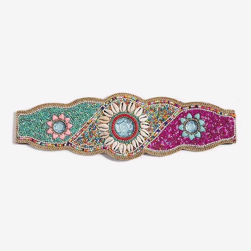 

New Women's Bohemian Turquoise Waist Cincher Handcrafted Shell Glass Bead Adjustable Belt with Snap Closure