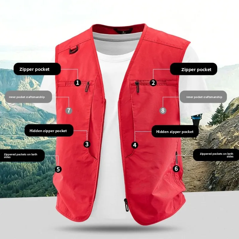 2026 Summer Men Sleeveless Outdoor Cargo Leisure Work Vest Men Pocket Solid Color Fishing Camping Thin Vest Male Waistcoat 8XL