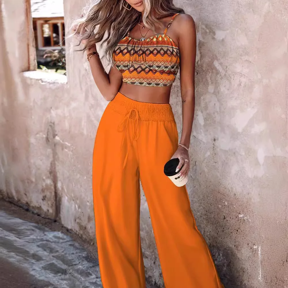 Mulheres calças boho com cordão e calças de perna larga, top casual, calças sexy, camis, feriado, fêmea, 2 peças