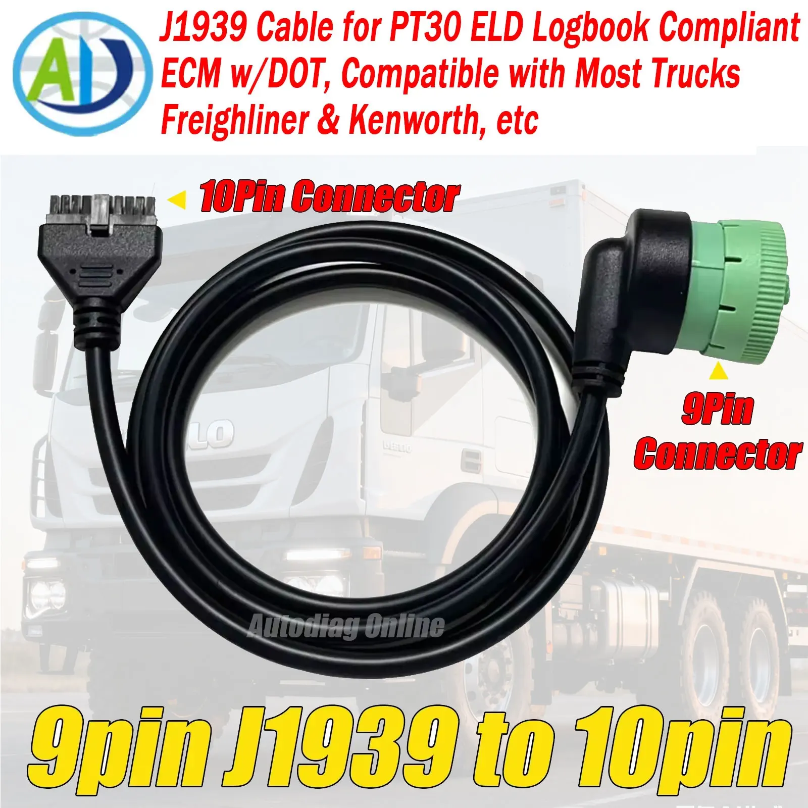 Truck Diagnostic Cable J1939 to 10pin OBD Scanner for PT30 ELD Logbook Compliant ECM w/DOT J1939 For Truck Freighliner Kenworth