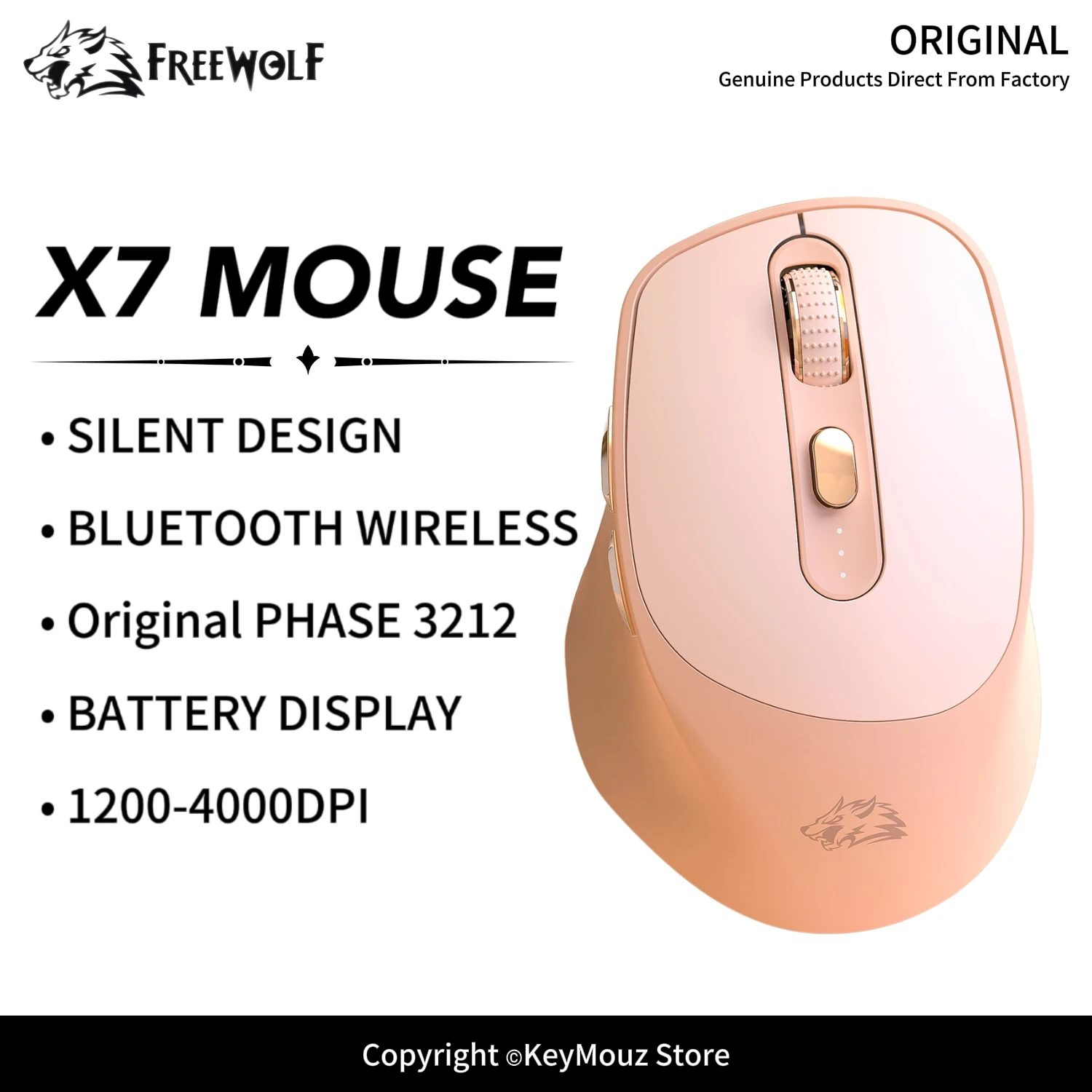 FREEWOLF X7 Silent Wireless Mouse 2.4G Bluetooth Dual Mode 5 Adjustable DPI Battery Display Type-C Rechargeable Ergonomic Mouse