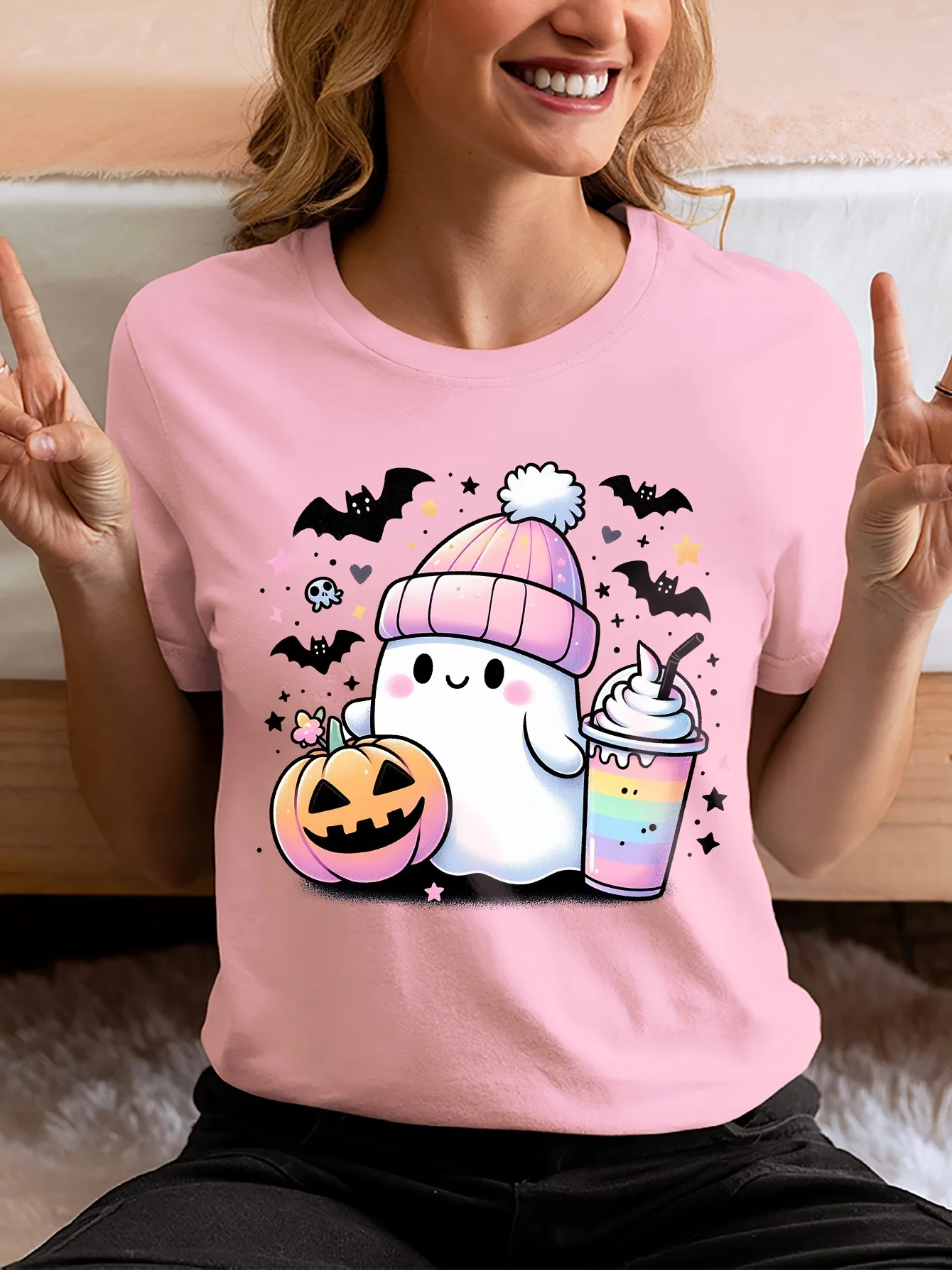 

Женская футболка с вырезом лодочкой и принтом Призрака и тыквы, стрейчевый розовый топ y2k, футболки для женщин, топы