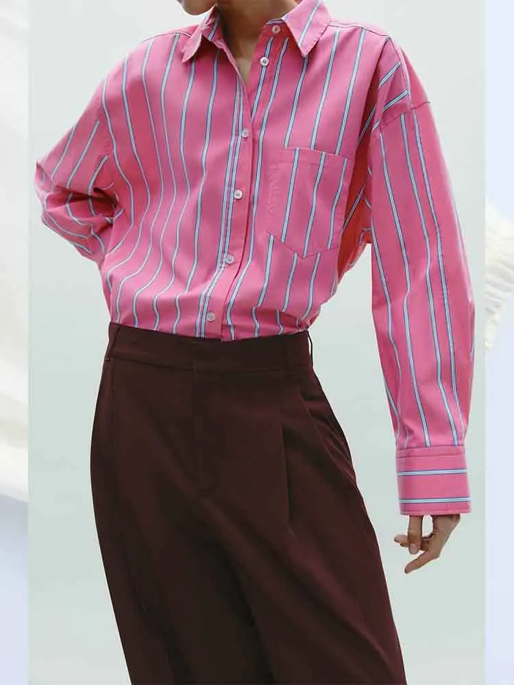 

European style new products Women's fashion versatile simple striped loose lapel long-sleeved shirt