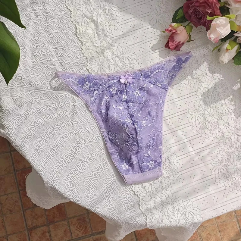 Sexy Purple Lace Man T-brief Embroidery Low-rise Lace T-back Thong Cotton Gusset Underwear Comfortable and Breathable