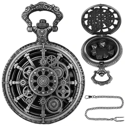 Retro Gray Dice Gear Steampunk Wheel Gear Cover Design Pendant Pocket Watch Case 38cm Chain Clock Accessory Art CollectionGifts