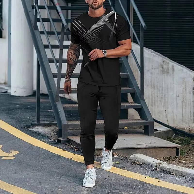 Newest Summer Men 3D Printed short T-shirt Trousers Set Men T-shirt Trousers Set Man Short Sleeve Long Pants Set Retro Casual