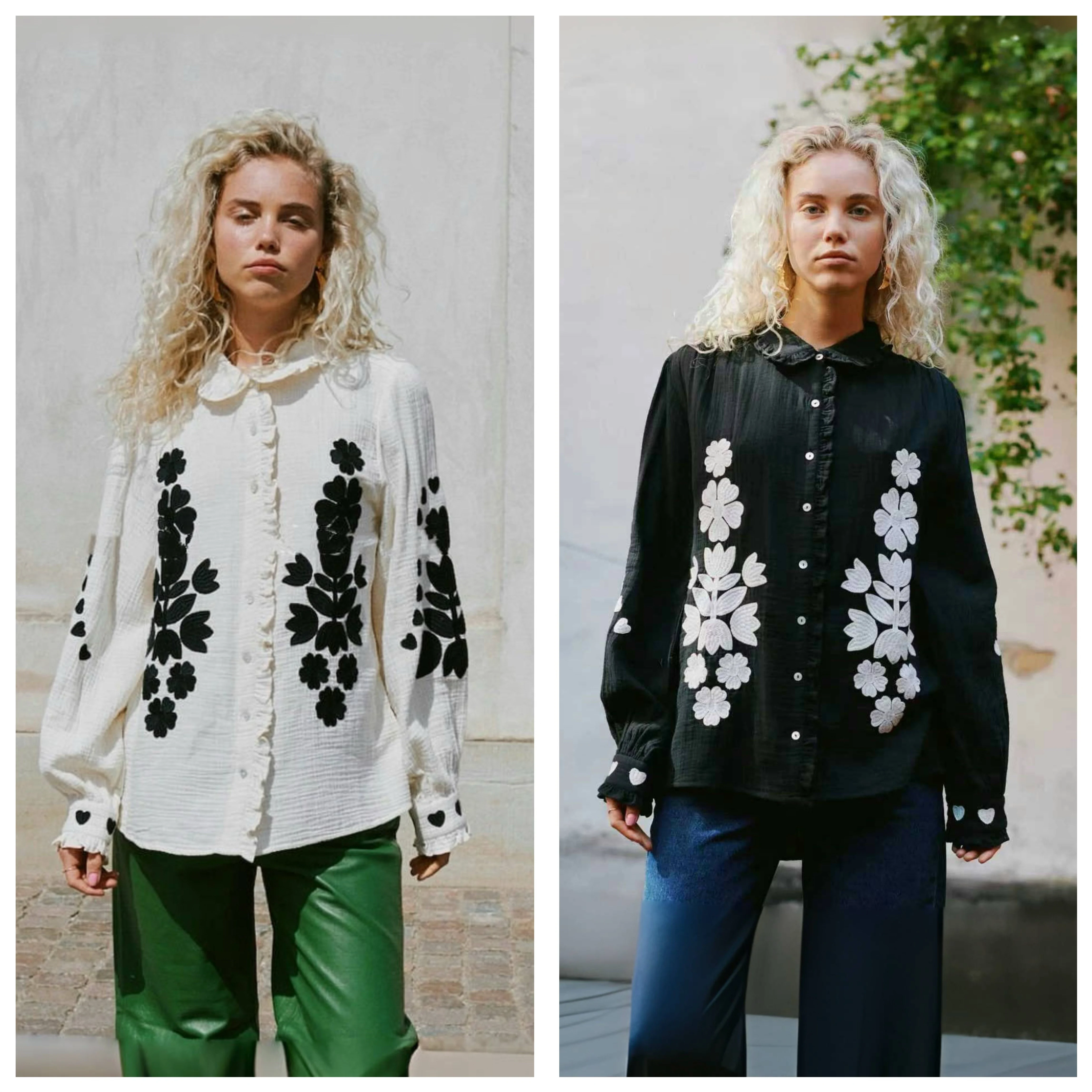 

Textured Feel Floral Embroidery Cotton Shirt 2 Colors French Style Loose Fit Long Sleeve Breathable Skin-Friendly Daily Wear