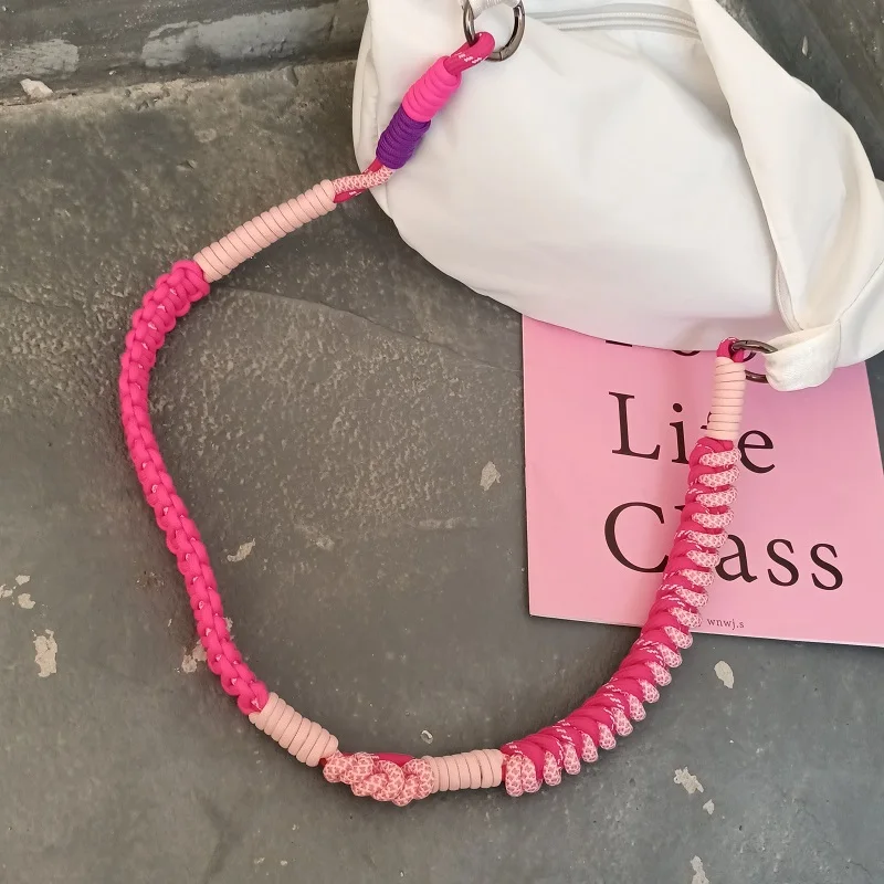 Rope to Hang the Mobile Cord Pink Strips Key Ring Lanyard Handmade Exquisite Phone Shell Shoulder Strap Metal Circle Bag Strap