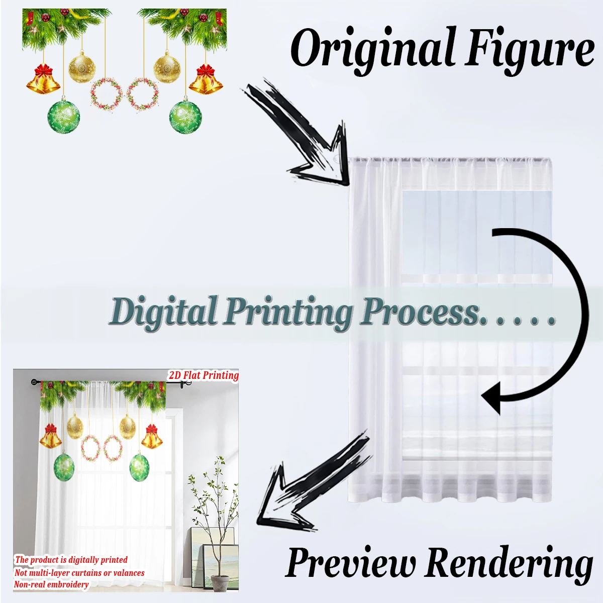 Christmas Flat Printing Sheer Curtain with Christmas Ball Garland Bell Pine Branches for Living Room Bedroom Decor Holiday Party