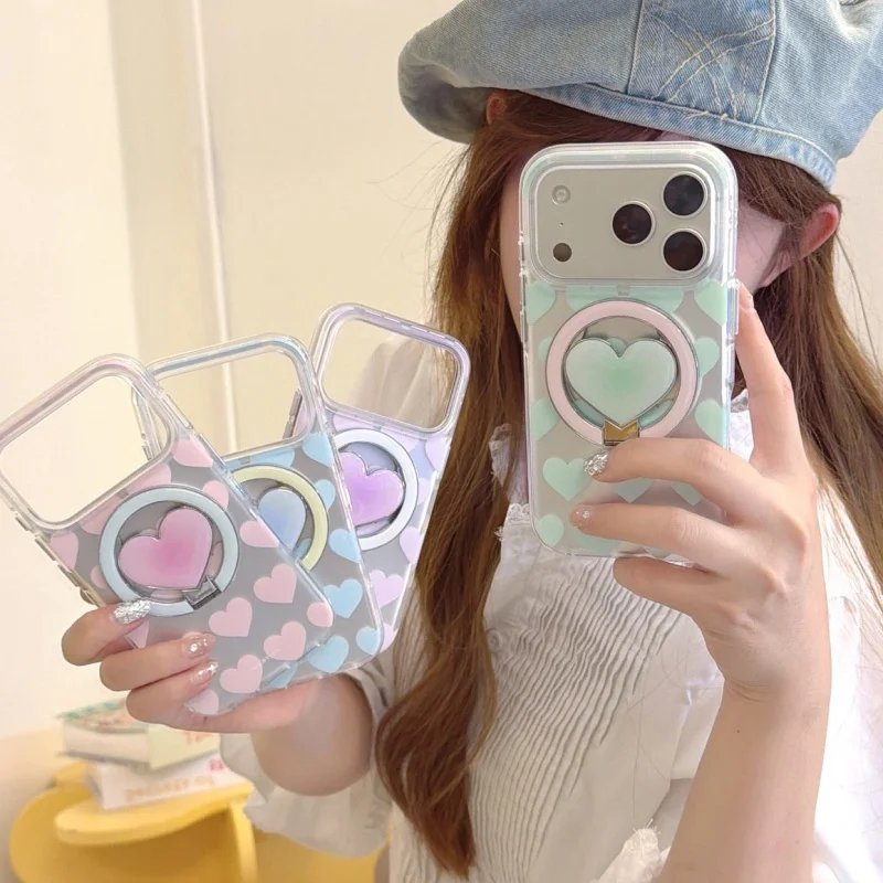

Korean Color Cute Love Heart Pattern Magnetic Phone Case For iPhone 17 Pro 13 14 15 Pro 16 Pro Max Back Cover with Stand For Mag
