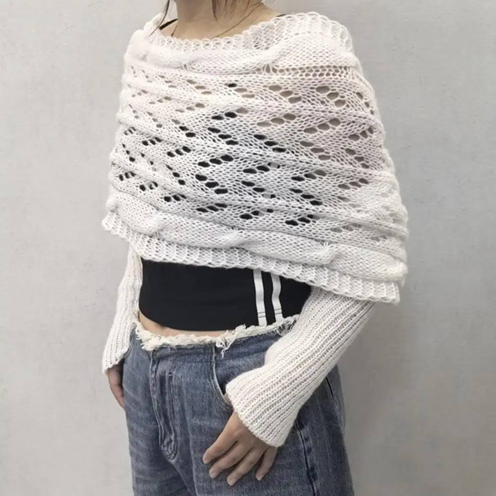 Ladies Solid Knit Shawl With Long Sleeves Elegant Soft Warm Short Top Women Autumn Winter Coldproof Elastic Knitted Wrap Scarfs