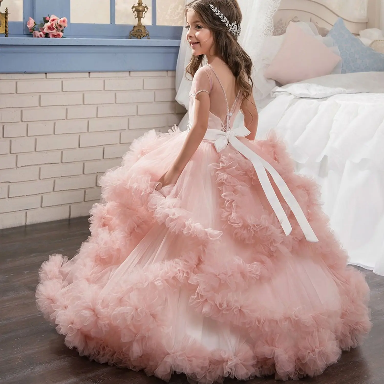 Mädchen-Prinzessinnenkleid, gestuftes Rüschen-Tüllkleid, transparente Ärmel, Perlen, Gürtel, formelles Partykleid, Kinder-Festzug-Kostüm
