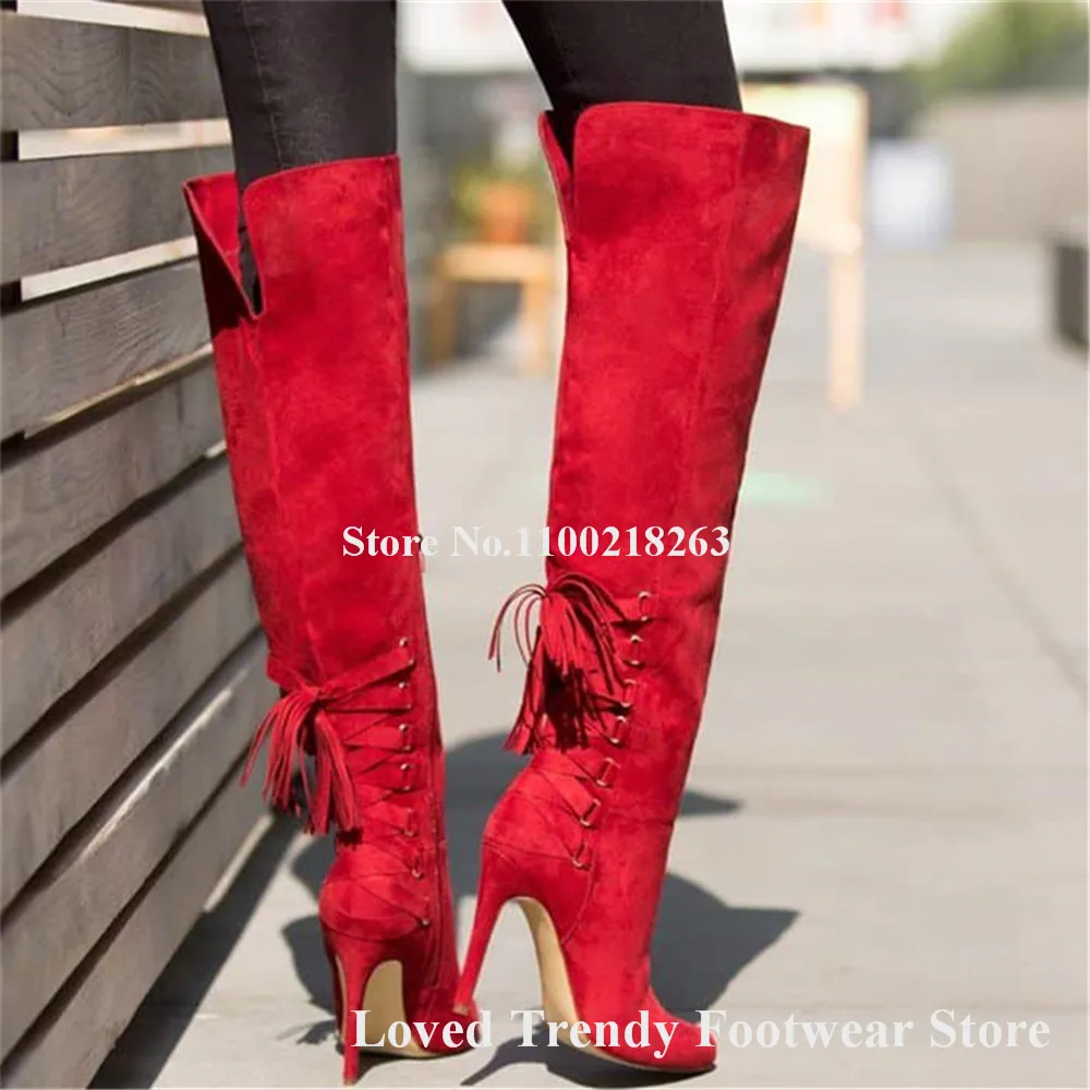 

Women Elegant Red Beige Black Suede Stiletto Heel Knee High Boots Sexy Round Toe Back Lace Tassels Thin Heel Long Boots Big Size