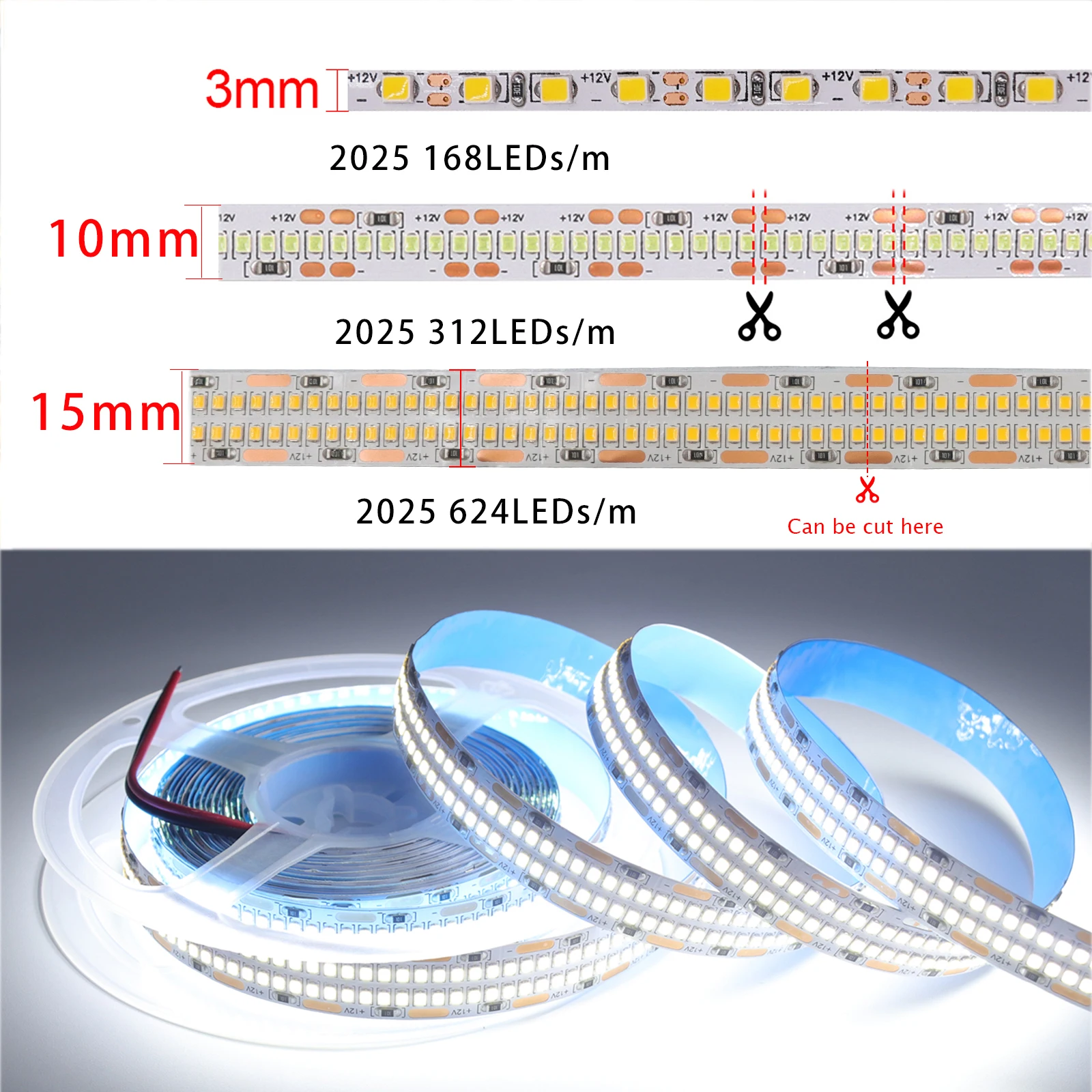 

12 В постоянного тока СВЕТОДИОДНАЯ лента SMD 2025 супер яркая 168/312/624 светодиодов/м IP21 IP67 водонепроницаемая гибкая светодиодная лента 3000K 4000K 6000K