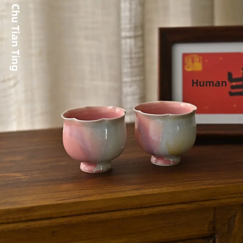 

Chutianyao Handmade Ceramic Tea Cup Pink Owner Cup with Flower Mouth Small High Foot Glazed Porcelain Tea Cup Simple Style