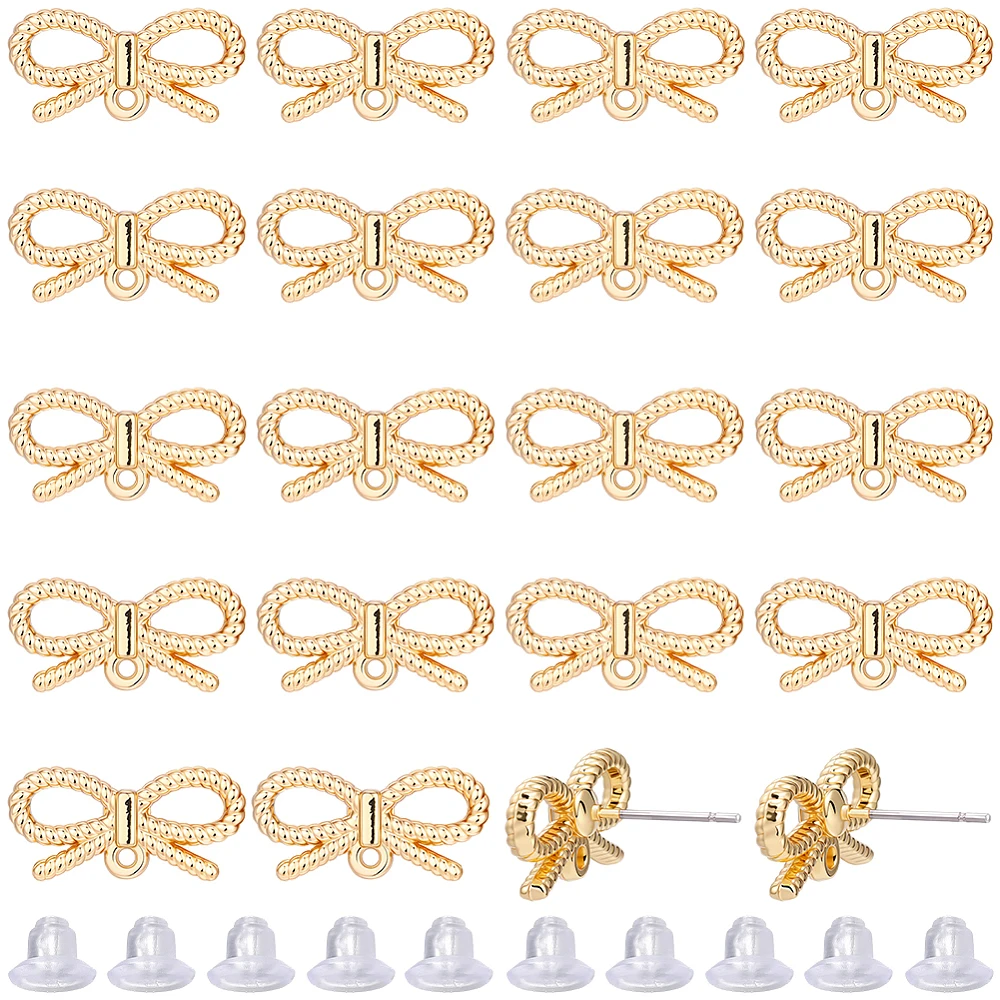 1Box 40Pcs Gold Earring Posts Earring Studs with Loop 316 Stainless Steel Pins Bowknot Post Findings with 50Pcs Plastic Ear Nuts