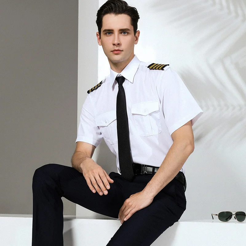 Summer Air Force Uniform Short Sleeve White Shirts Pilot Security Workwear  Outfit Men's Casual Style Square Collar Work Shirts