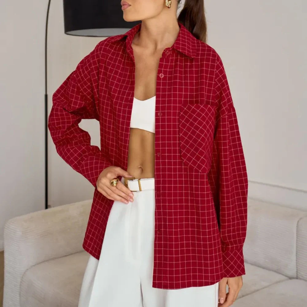 Women's Lapel Loose Button Cardigan Shirt Checkered Striped Long Sleeved Tops Suitable For Spring And Autumn