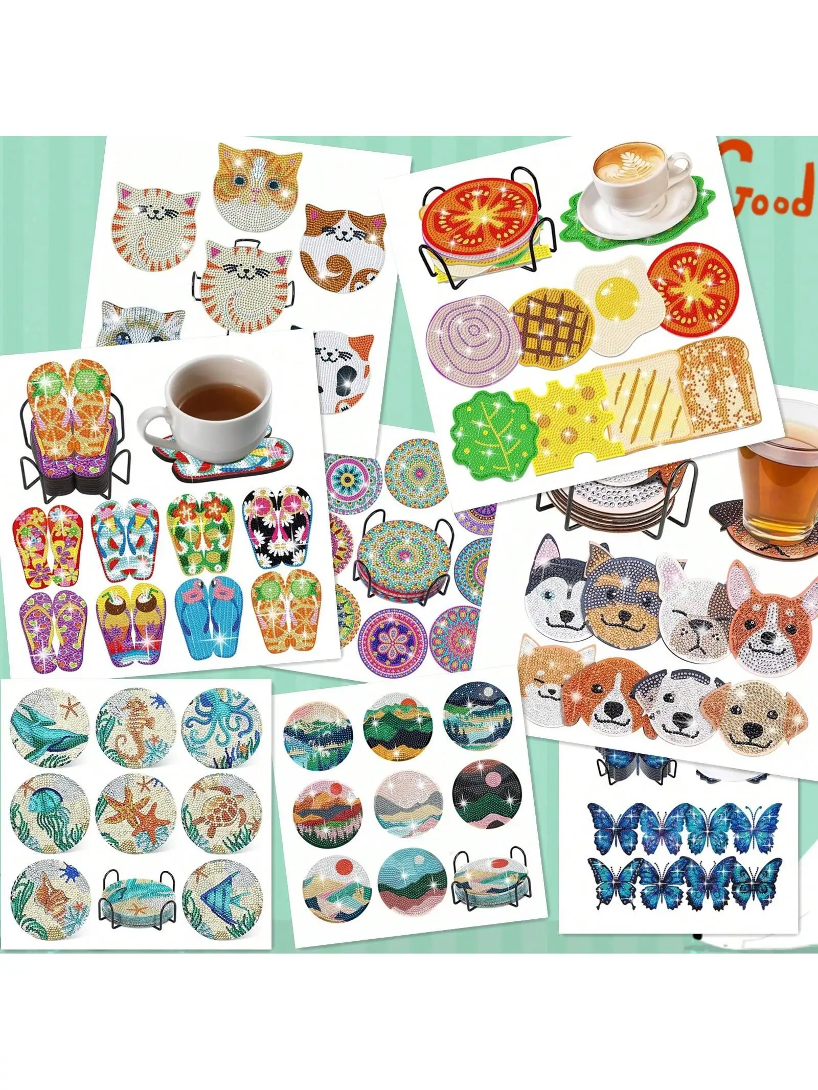 1 Set Diamond Painting Coasters | Diamond Art Coasters | Mandala Landscape Slipper Sandwich Dog Butterfly Cat Ocean animal