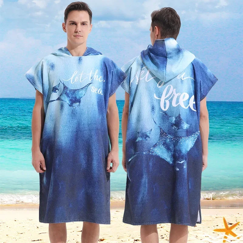 Hot Sale Swimming Towels Adult Hooded Bath Towel Poncho Beach Quick Dry Bathrobe Cape Beach Print Loose Casual Water Sports New