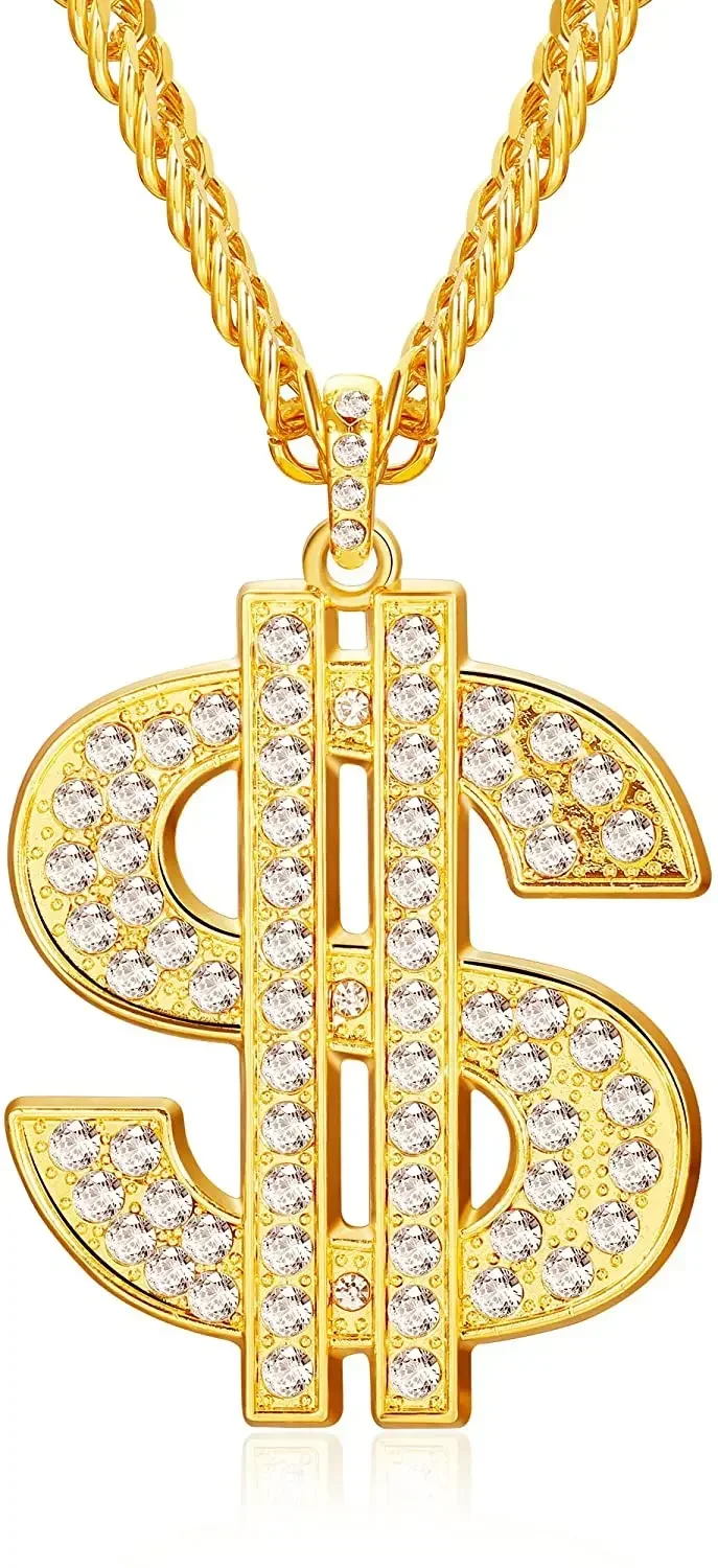 

Gold Plated Long Necklace for Men Hip Hop Jewelry Dollar Sign Pendant Necklace for Women