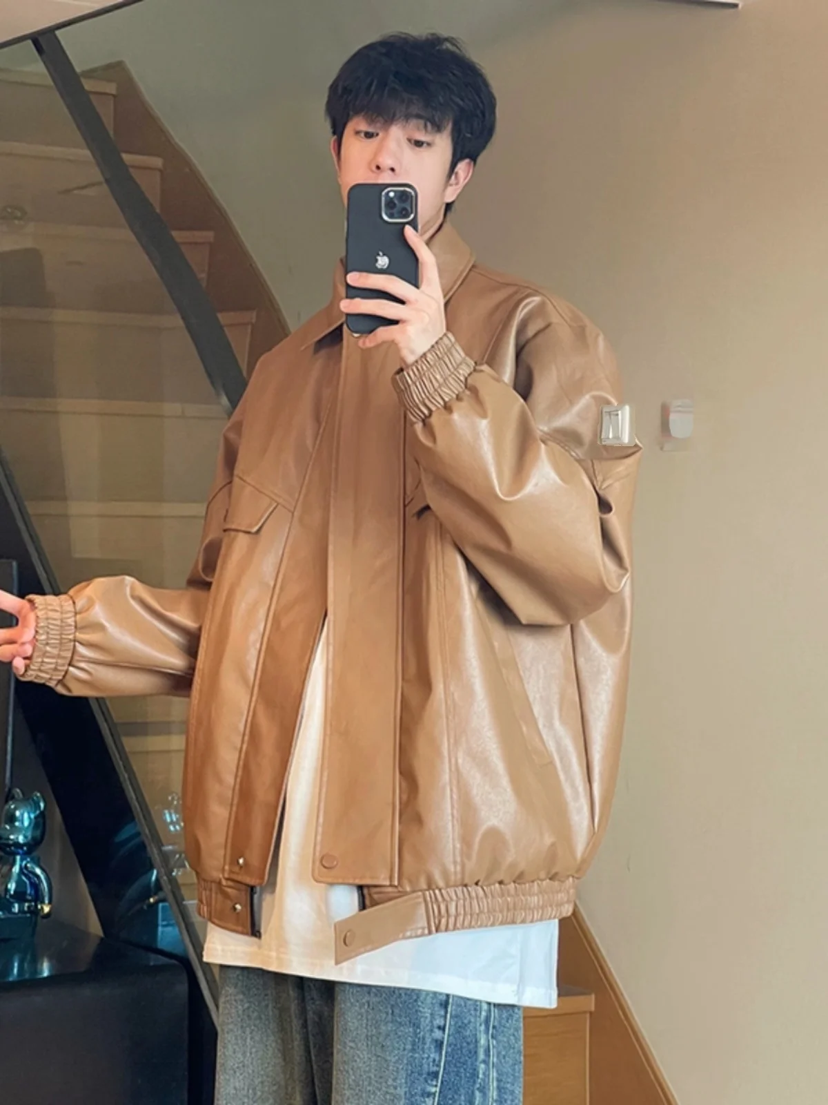 

Коричневый кожаный джет в американском стиле ретро, мужской высококачественный джет с подкладкой, мотоциклетный джет с подкладкой, молодежный тренд