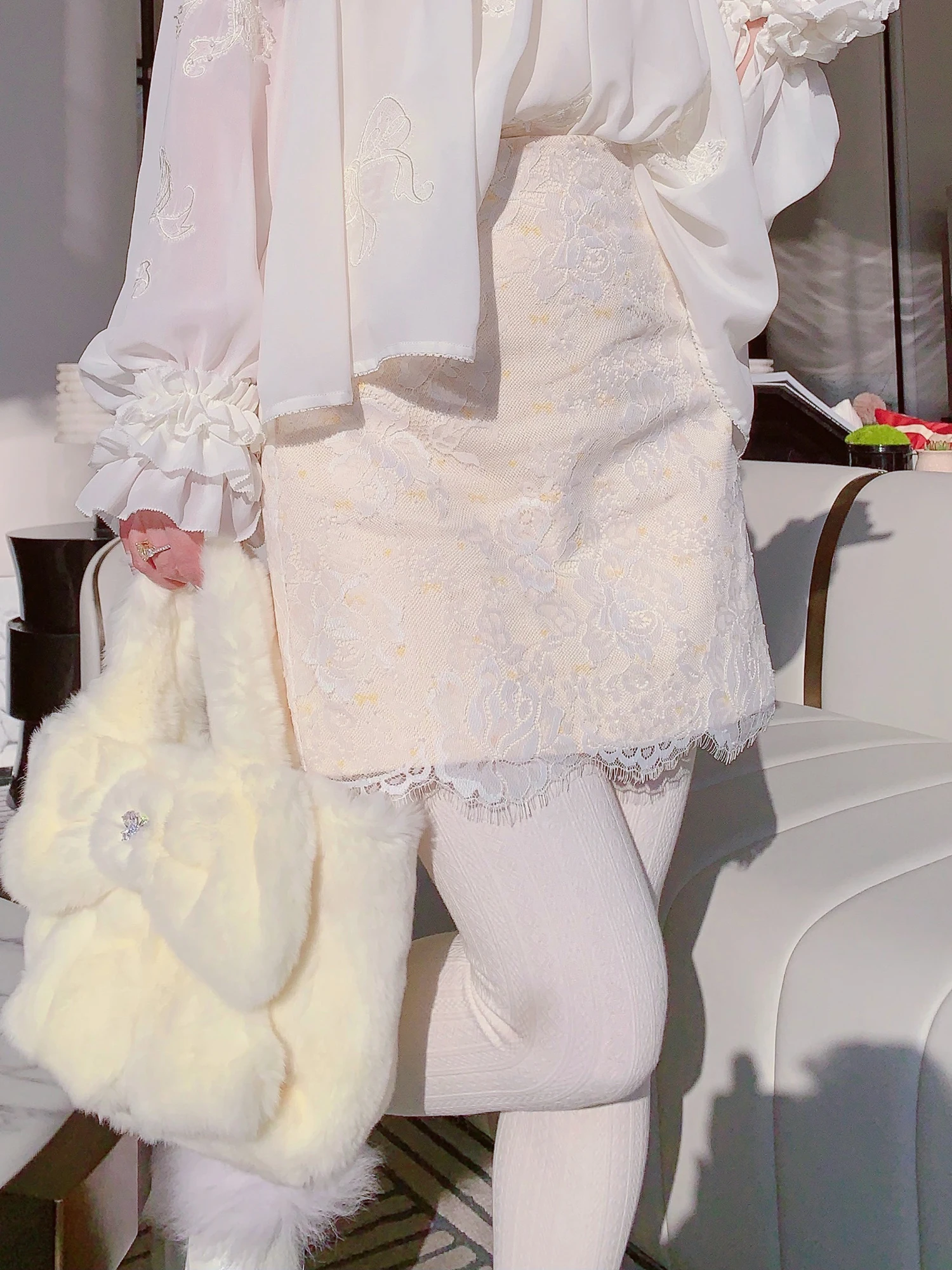 

MissLuxury Lemon Design Spring New Sle Women's Orange Denim Skirt Lace Patchwork A-Line Skirt High Waist Cotton Embroidery