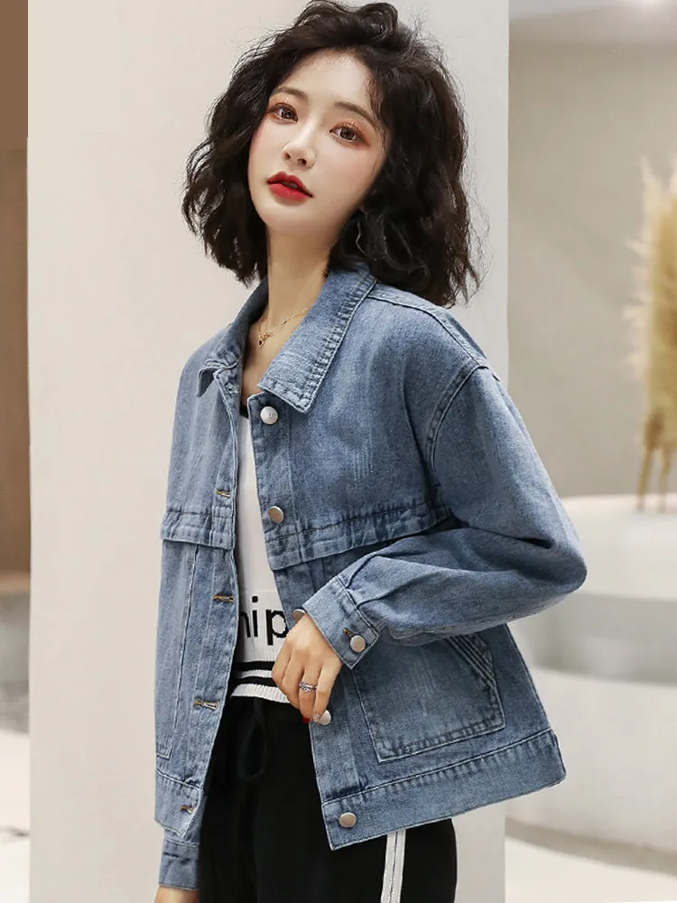 Loose Short Denim Jacket Women's Spring Autumn Fashion Slimming Casual Top Button Embroidery Pocket Diamond Embellished
