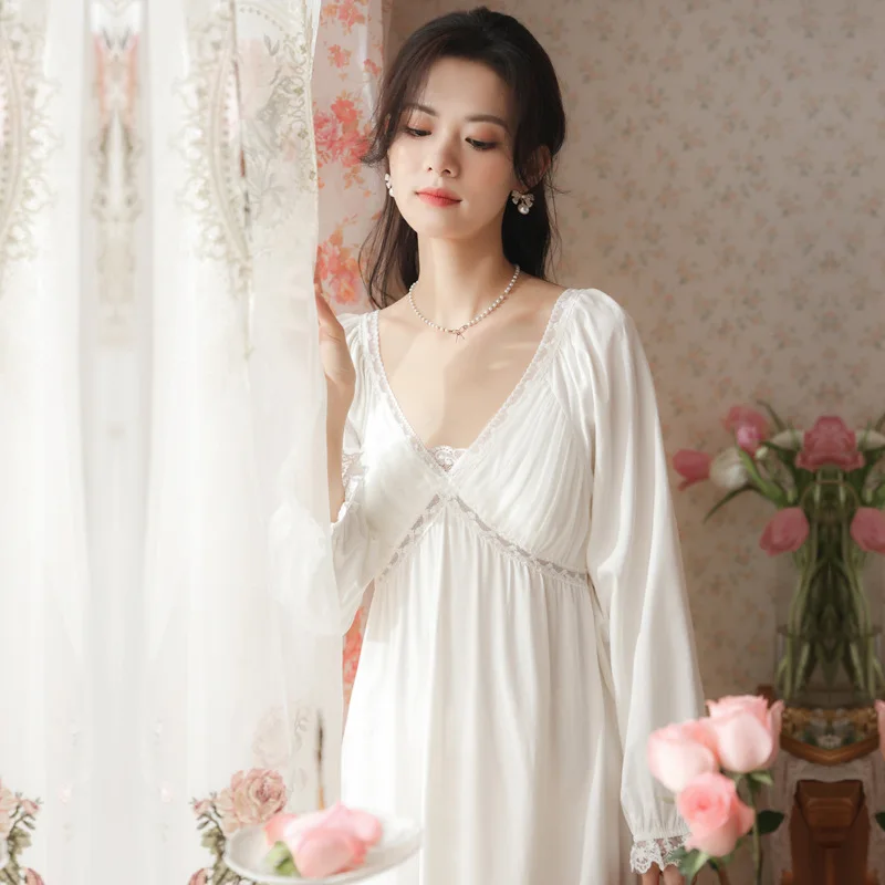 Women Long-sleeved Cotton Nightdress Retro Court Style Nightgowns Princess Sexy Lace V-neck Sleepwear Long Pajamas Home Service