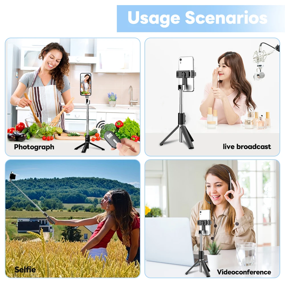 Trépied perche à selfie Bluetooth, support de téléphone pliable, conception de mini porte-clés, adapté aux téléphones intelligents Apple, Android et autres