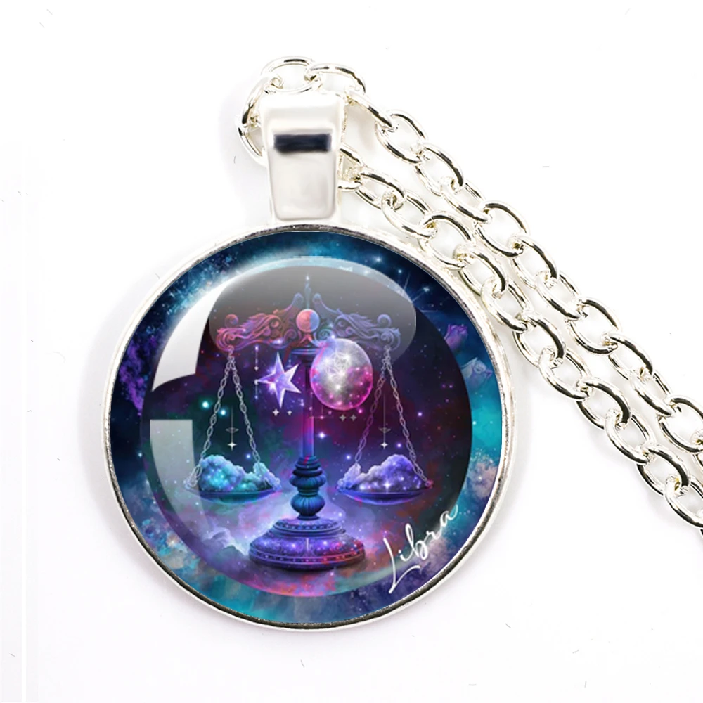 12 الأبراج قلادة السرطان ليو العذراء الميزان زودياك تسجيل الزجاج كابوشون قلادة طويلة قلادة صبي فتاة عيد ميلاد مجوهرات هدية