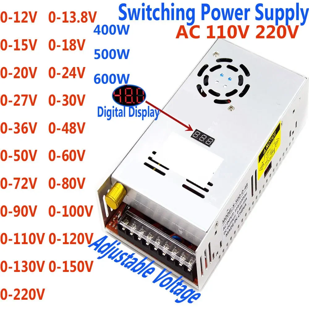 

Switching Power Supply Adjustable Voltage AC 220V TO DC 0- 12 Volt 24V 30V 48V 60V 110V 220V 400W 500W 600W Digital Display SMPS