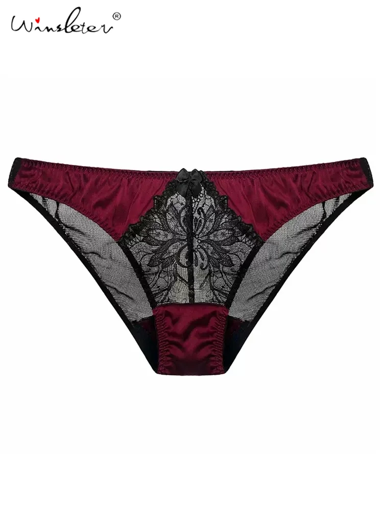 

Winsleter,93% Real Silk Sexy Briefs,High End Breathable Underwear,Women Low Waist Lace Patchwork Bow,Summer New P44689QM