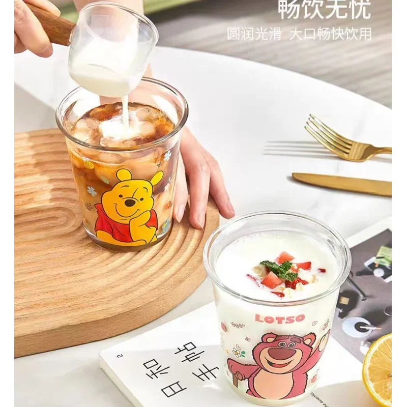 Disney-taza de agua de cristal multifuncional para el hogar, vaso creativo con patrón de dibujos animados, Winnie the Pooh, Lotso, Mickey, Minnie, Pato Donald, Daisy