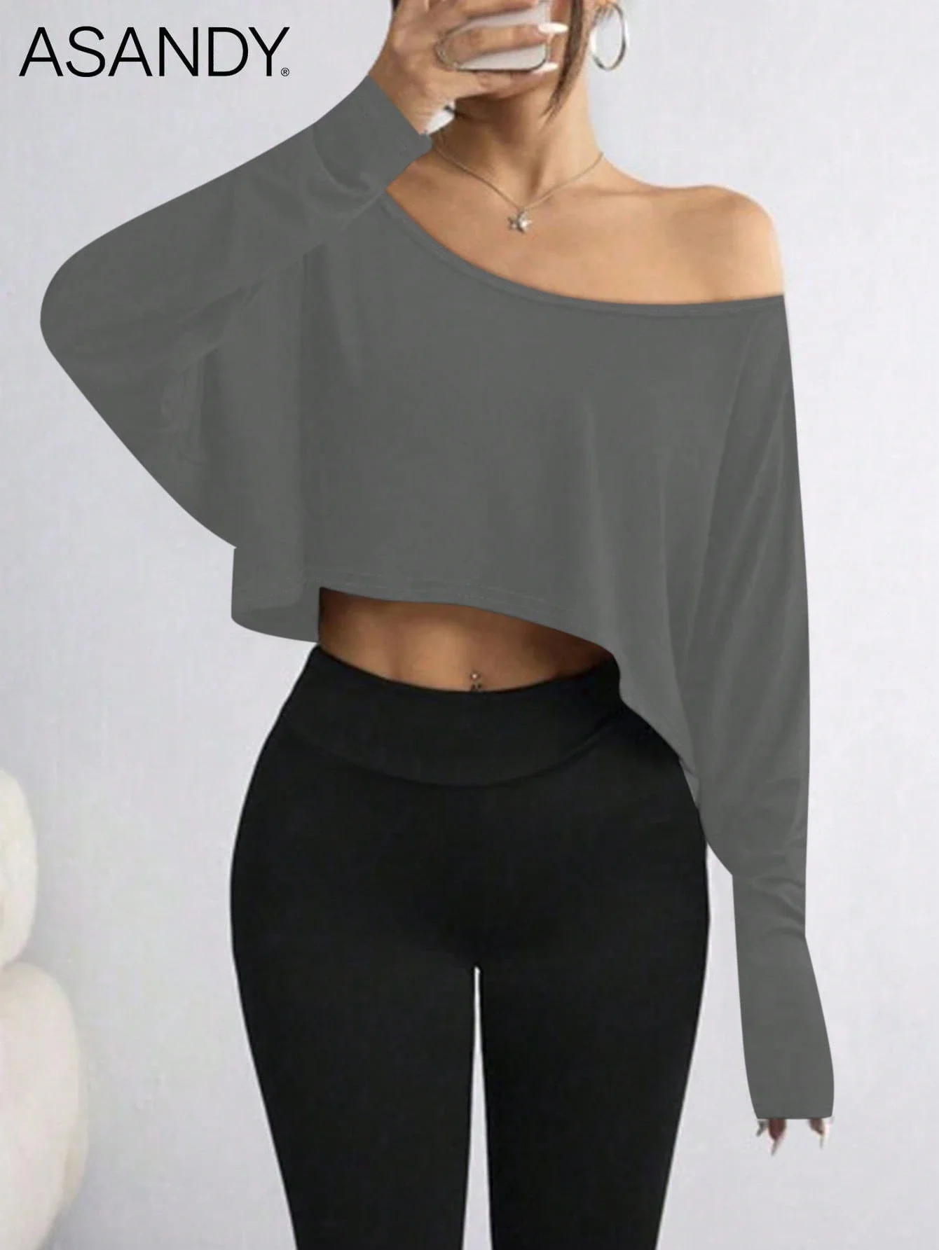 2pcs Women Off Shoulder Crop Tops Loose Casual Long Sleeve T-Shirts For Daily Homewear Spring Autumn