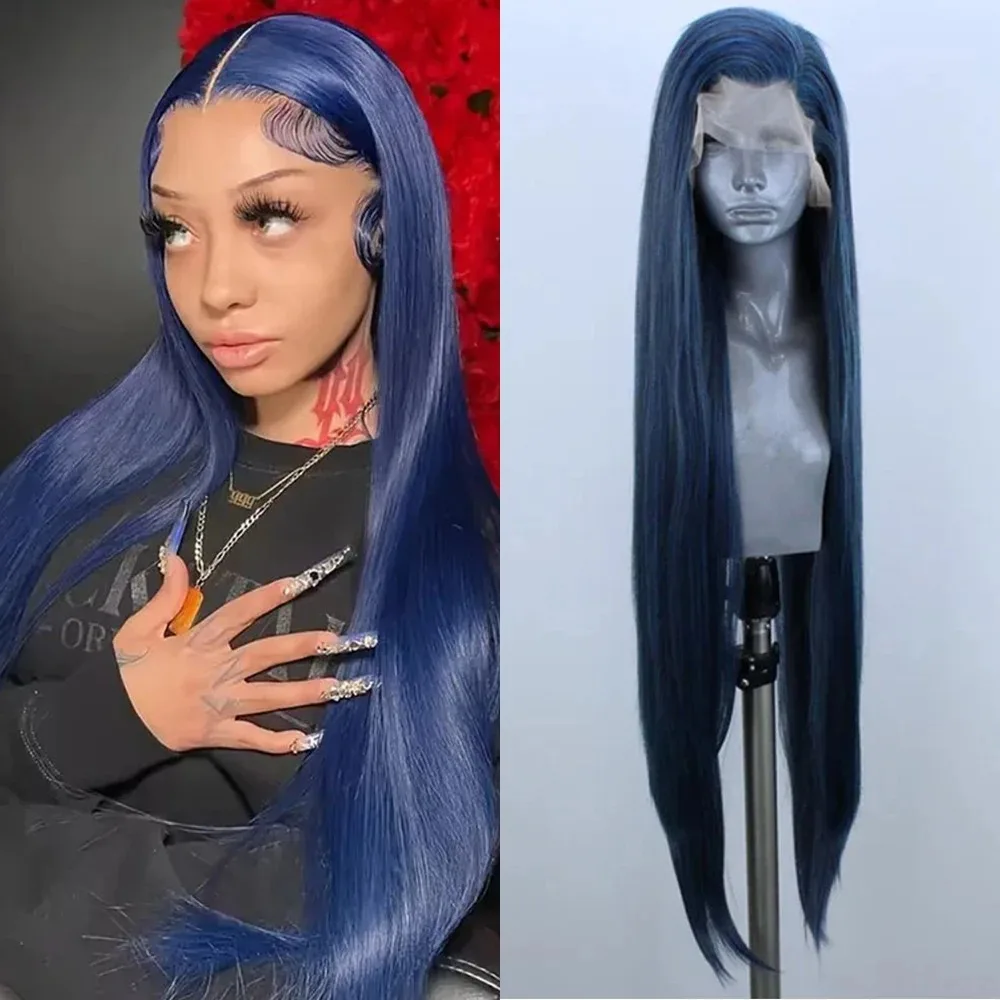 

Темно-синий парик с прямой текстурой, синтетический, термостойкий, с HD-основой 13x4, без клея, предварительно прорезанный, для повседневного использования и косплея, распродажа