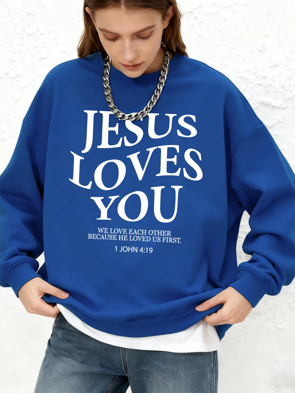 Bluza z nadrukiem Jezus Cię Kocha Damska Casualowa Bluza z Okrągłym Dekoltem Oversize Jesienna Ciepła Bluza z Długim Rękawem Top Damski Strój do Biegania