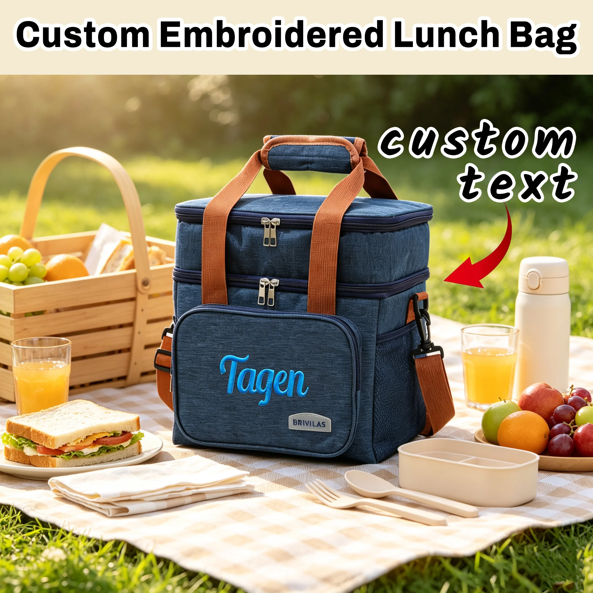 Personalized Embroidered Double Deck Lunch Bag, Thick Insulated Cooler Bag, Hand‑held & Crossbody Reusable Lunch Tote for Busine