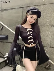 Sweet Woman Tshirts Flare Sleeve O-neck Crop Tops Fashion Spring Tees Chic Bandage Bow Tunic Y2k T Shirts Korean Sexy T-shirt