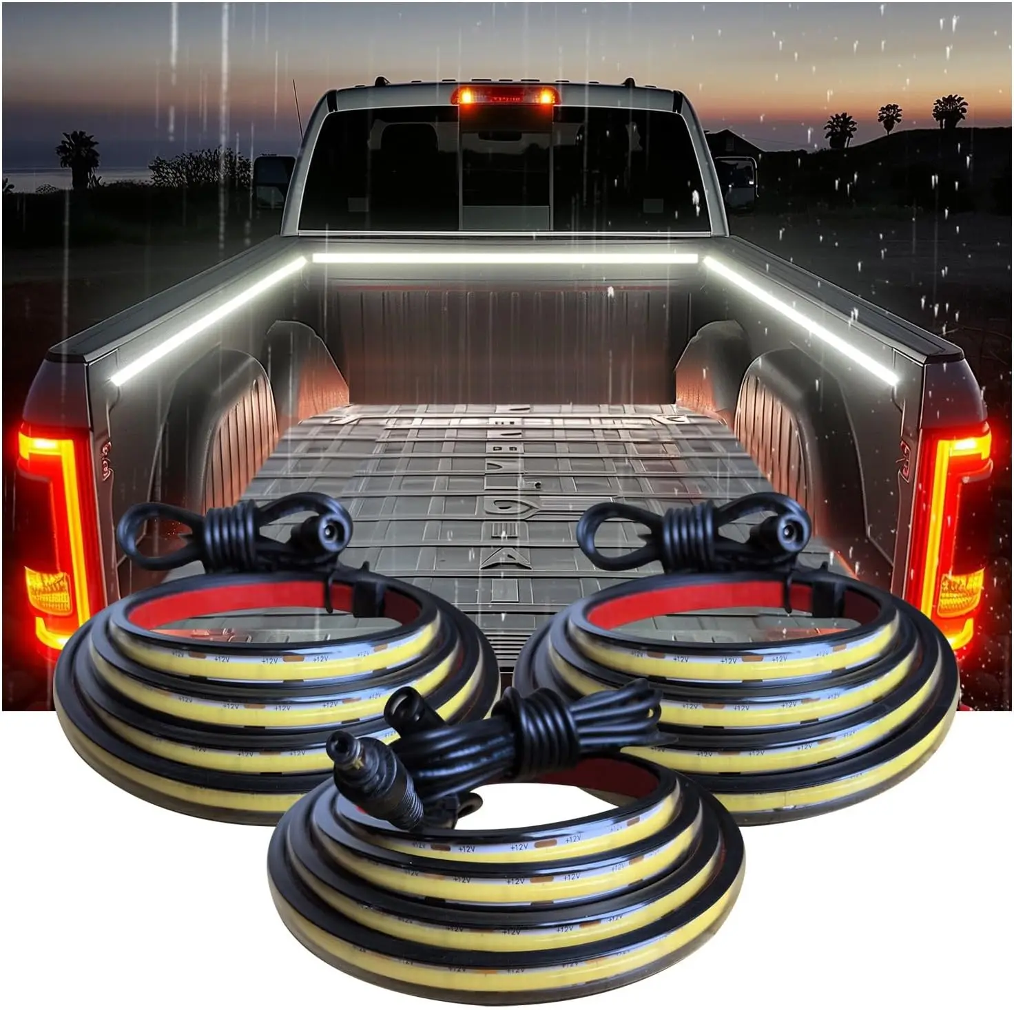 LED Truck Bed Lights, 3Pcs 60Inch 12V 6500K White COB Waterproof Lights Strip with Switch Blade Fuse Splitter