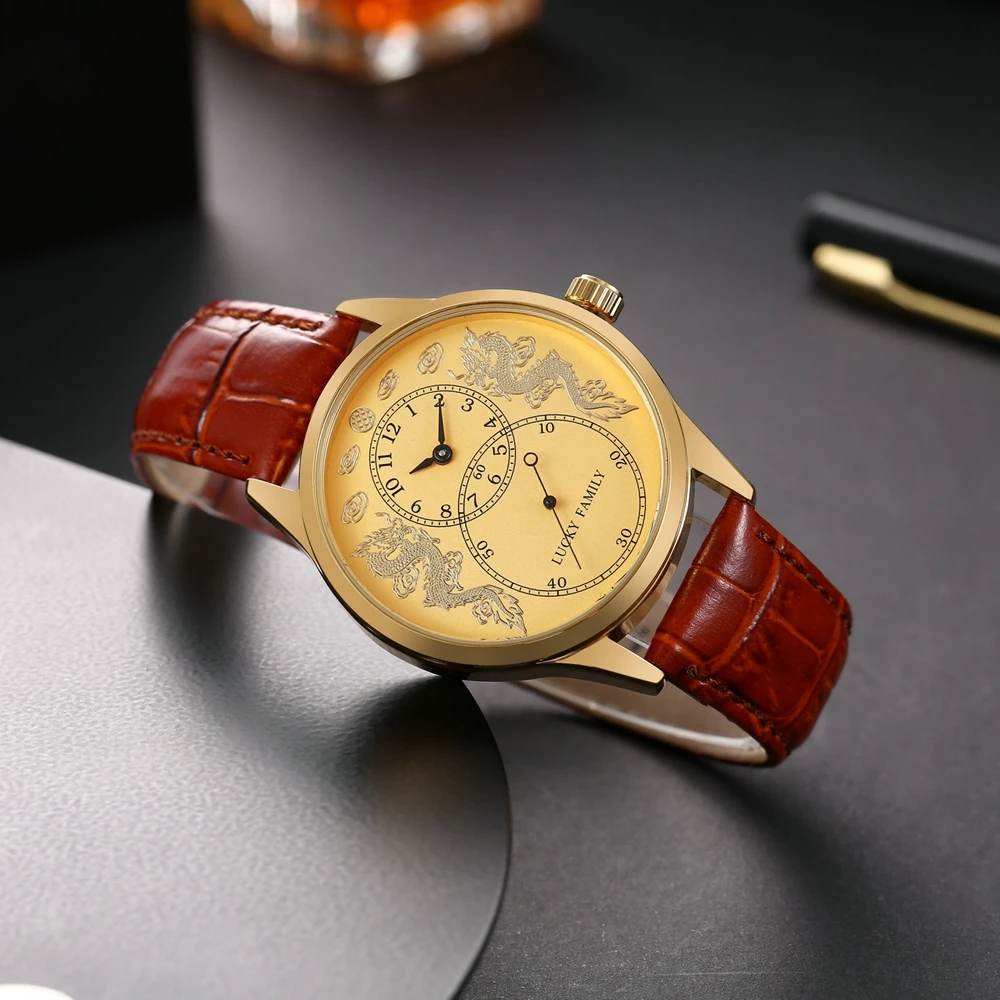 Vintage Bronze Automatic Watch Men 41mm Mechanical Wristwatches Retro Style Brass Loong Watches China Autique Clock Lucky Family