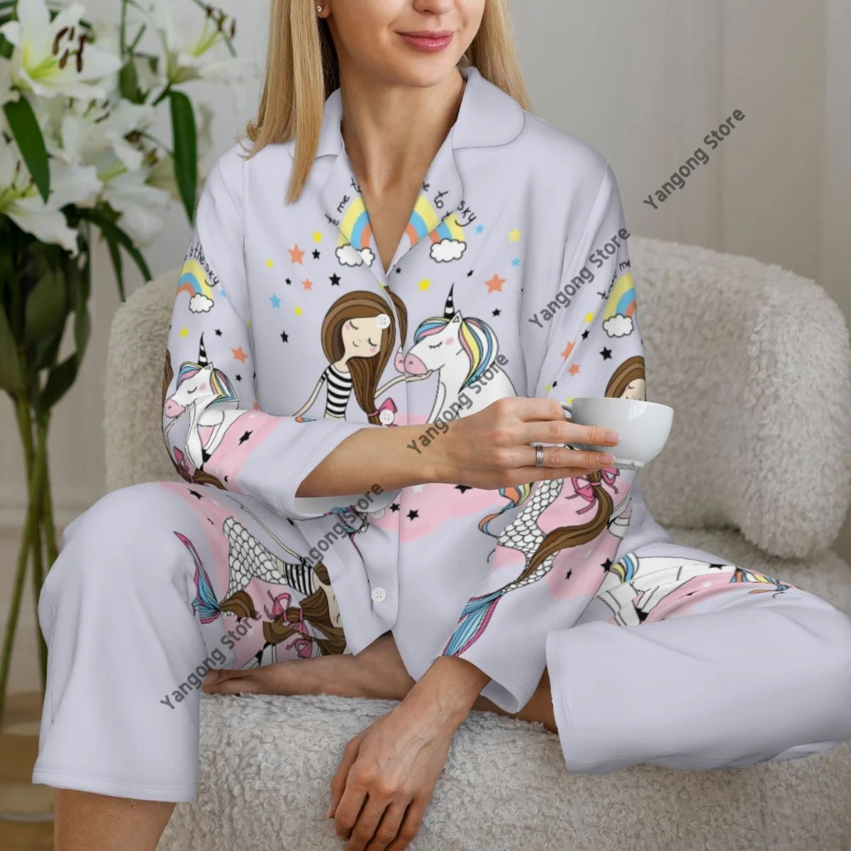 Women's Pajamas Long-sleeved Girl Two-piece Set Little Unicorn And Mermaid Sitting At The Pink Cloud Pajamas for Autumn Spring