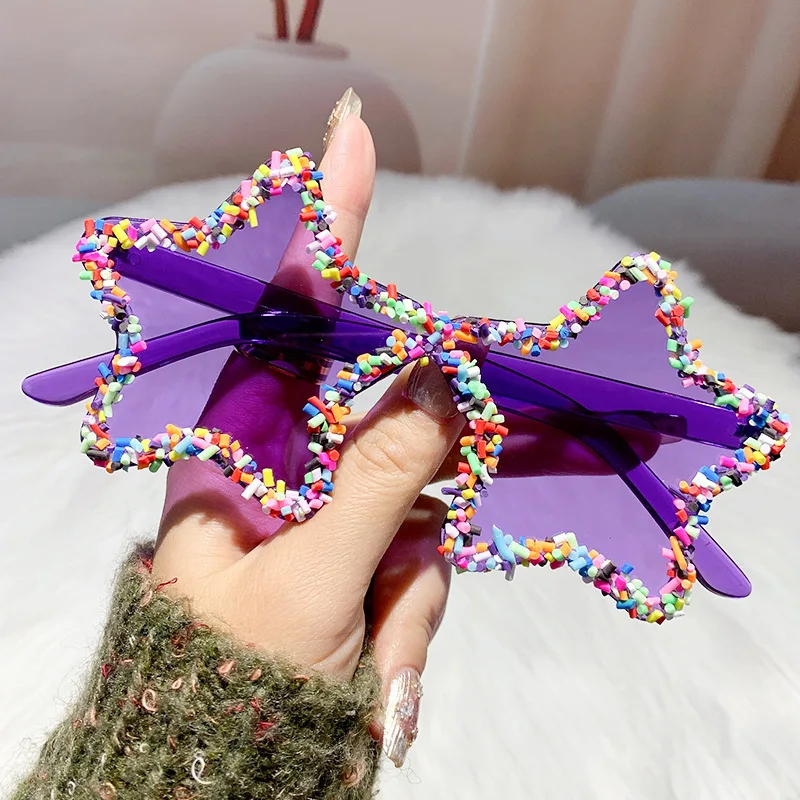 نظارات شمسية عصرية على شكل نجمة مع جيمي ملون للنساء، ظلال وردية لطيفة على الشاطئ الخماسي، نظارات شمسية عصرية للعطلات