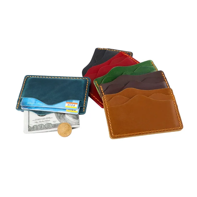 حافظة بطاقات جلدية محمولة من Crazy Horse - حامل بطاقات إبداعي للجنسين لبطاقات الائتمان/البنك، محفظة رفيعة مصنوعة يدويًا