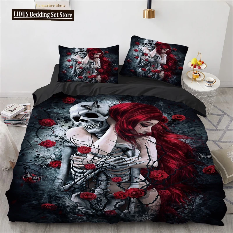 

Skull Girl Day Dead Bride Dark Color Roses Bedding Set Boys Girls Twin Queen Size Duvet Cover Pillowcase Bed Kids Adult