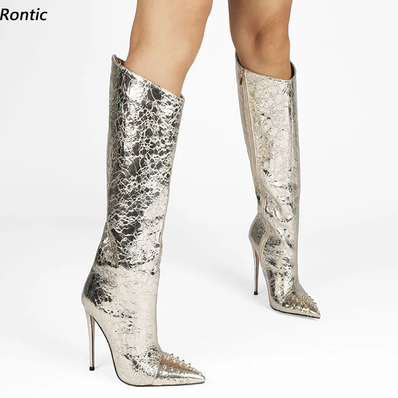 

Rontic женские зимние сапоги до колена с шипами, сексуальные туфли на шпильке с острым носком, великолепные золотистые, серебряные, красные туфли для вечеринок, размер США 5-15