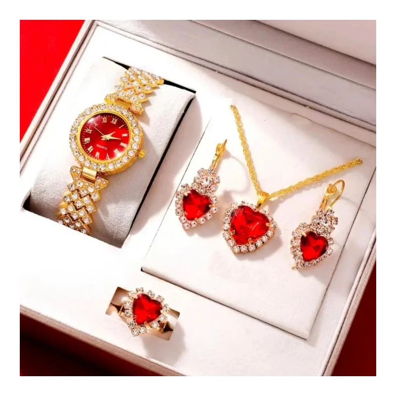

Women's Quartz Watch Gold Luxury Women Ring Necklace Earring Rhinestone Fashion Wristwatch Casual Ladies Watches Jewelry Set ﻿