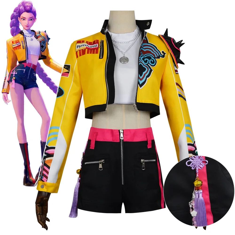 

KPop Demon Hunters Rumi Cosplay Costume Yellow Cloth Jacket Woman Huntrix Uniform Earrings Props Halloween Party Girls Suit