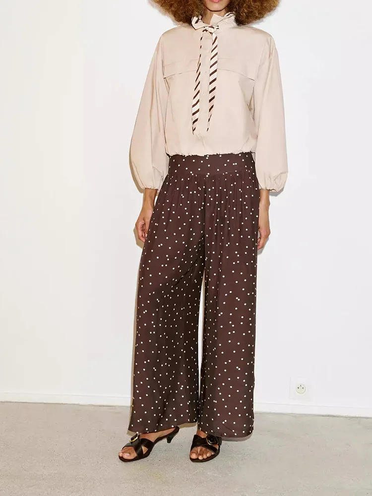 

Весна 2026: Новинка! Элегантные женские брюки с высокой талией и широкими штанинами в горошек, свободного кроя, в китайском стиле.